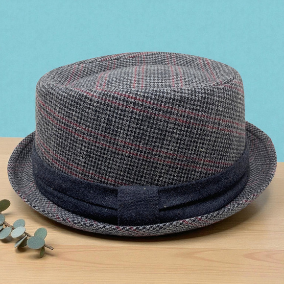 Free Authority Sz L/XL Gray Plaid Fedora Gangster Hat Trilby Cuban Wool Blend - Picture 2 of 6